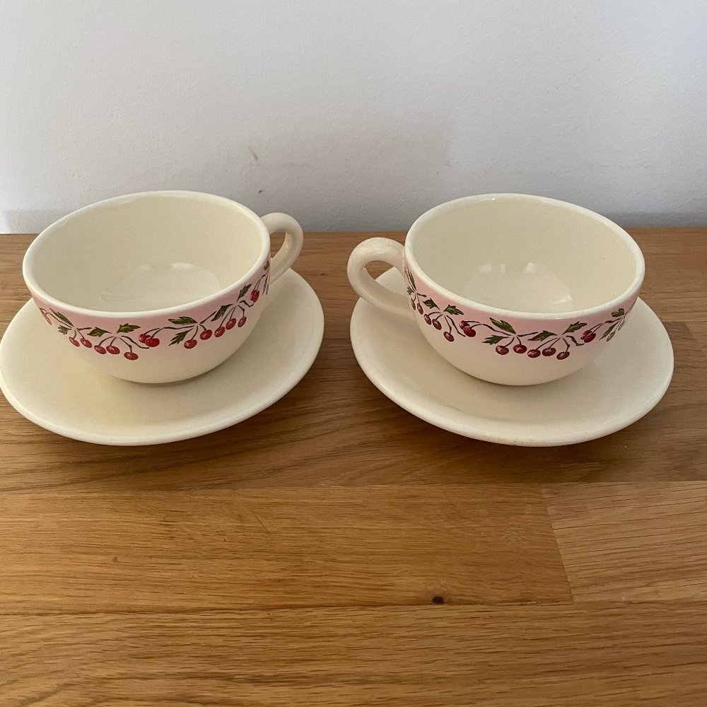 Set of Vintage Le Comptoir de Famille Pink and Red Cherries Tea Cups w/Saucers